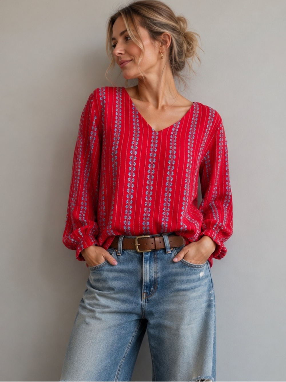 Croft & Barrow V-Neck Tunic in Red w Aqua Embroidery